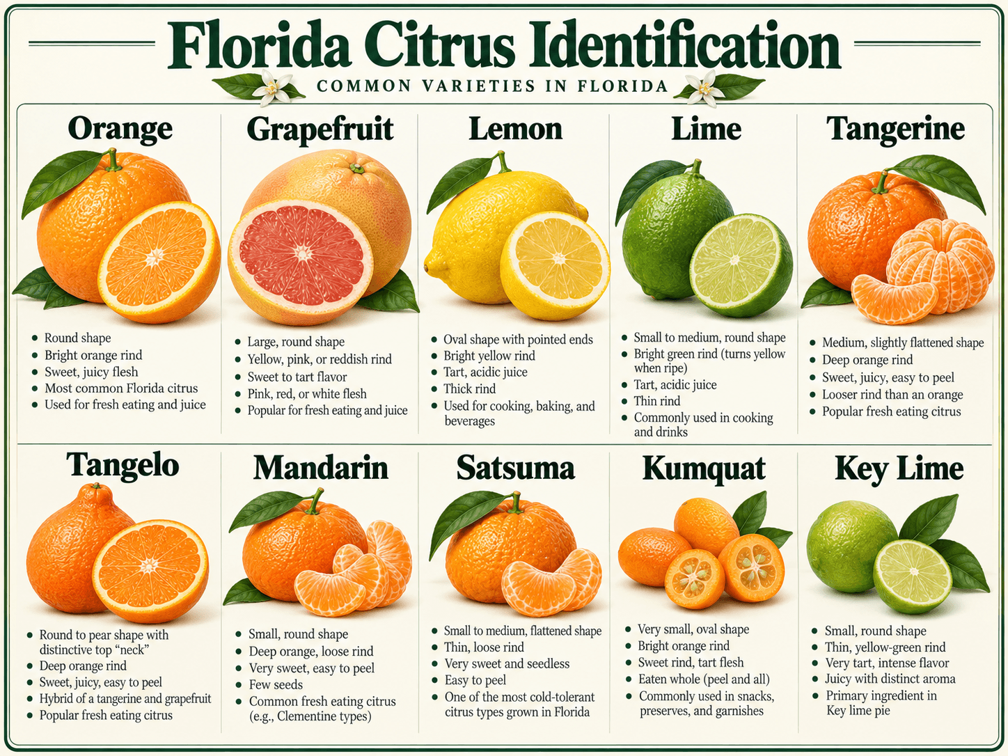 Illustrated overview of ten citrus fruit groups, color version