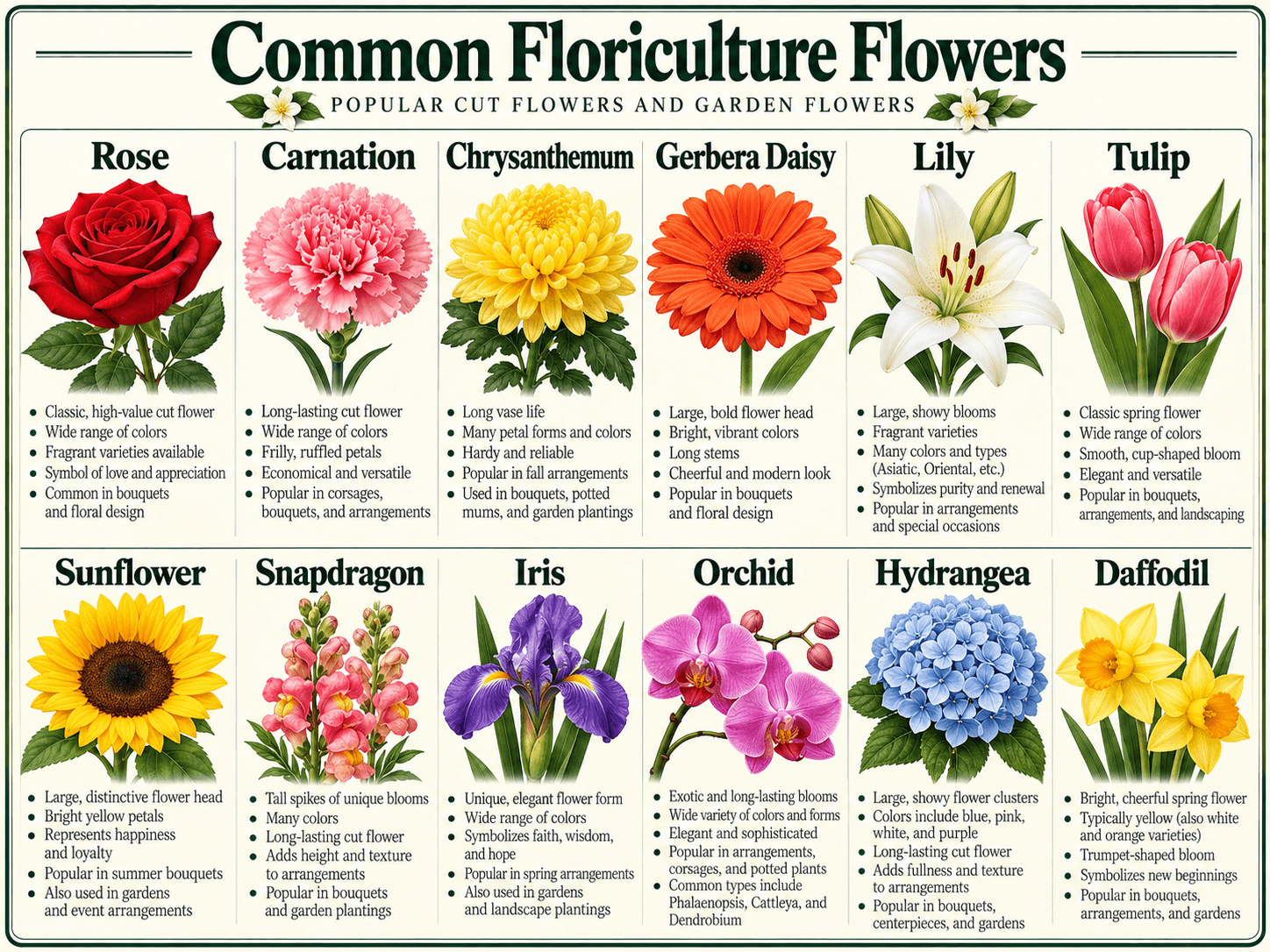 Illustrated overview of twelve common flower forms, color version